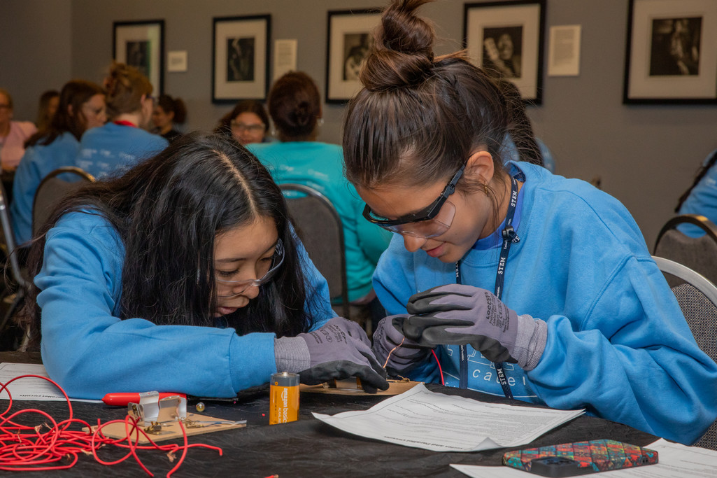 Two young girls working during STEM Academy